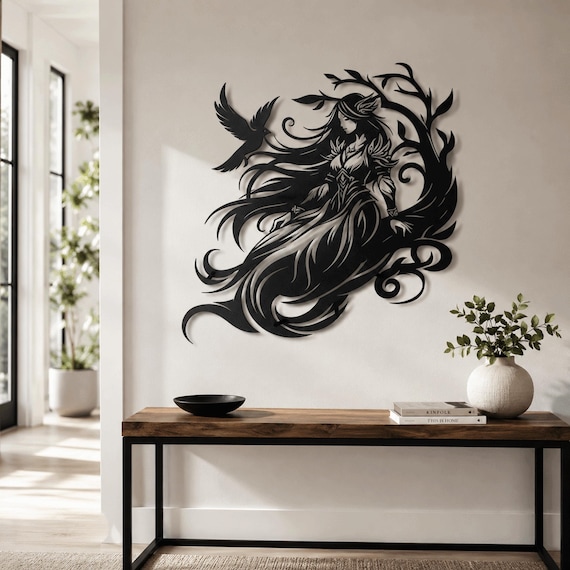 Woman with Raven Metal Wall Art | Gothic Fantasy Wall Decor