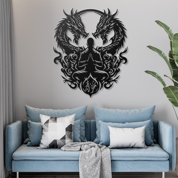 Inner Piece Metal Wall Art - Dual Dragons Silhouette - Unique Yoga Decor - Feng Shui Balance - Spiritual Meditation Wall Hanging  Zen Decor