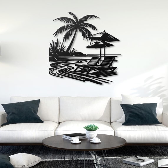 Tropical Palm Tree and Beach Chairs Metal Wall Art | Coastal Decor | Indoor & Outdoor Beach Theme Art