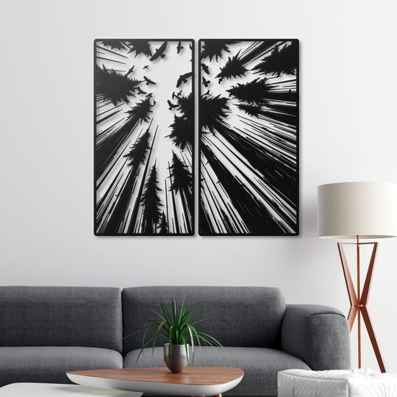 Forest Birds Silhouette - Minimalist Metal Wall Art, Two-Piece Set Modern Forest Décor