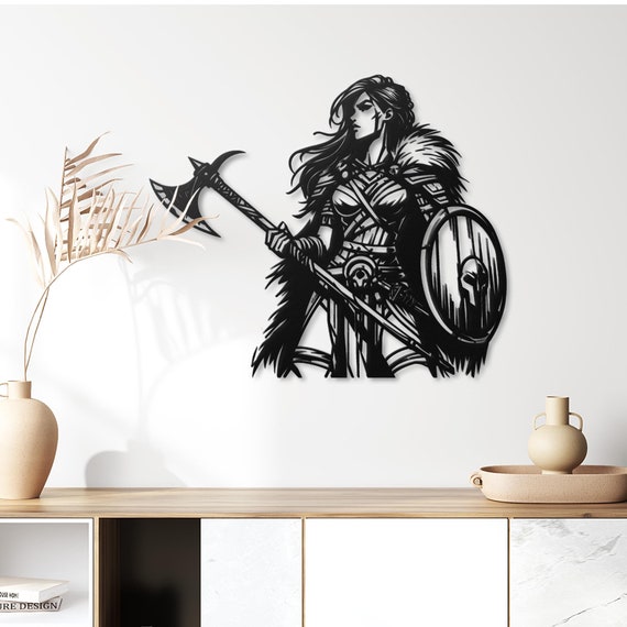 Viking Warrior Woman Metal Wall Art - Rustic Nordic Decor - Norse Valkyrie Home Accent
