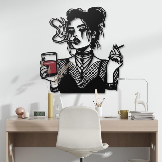 Gothic Smoking Woman Metal Wall Art | Dark Aesthetic Home Decor | Gothic Decor for Living Room | Unique Gift for Goth Lovers