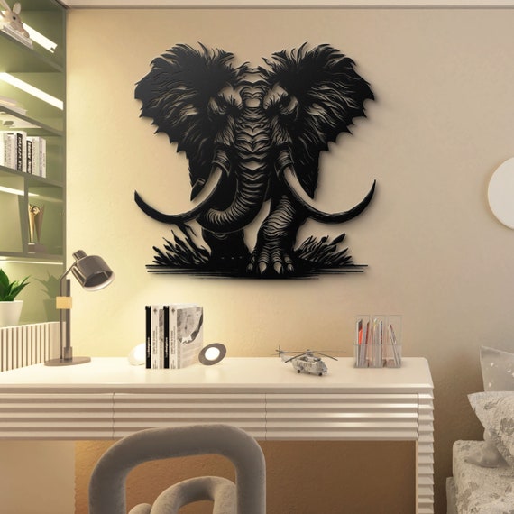 Majestic Elephant Metal Wall Art - Powerful Tusker Silhouette - Exotic Home Decor - Ideal for Living Room, Study, or Office