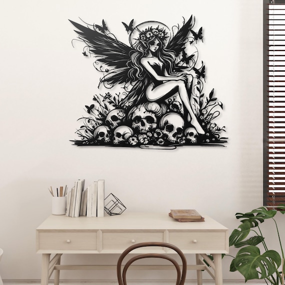 Gothic Fairy Metal Wall Art Decor - Dark Fairy with Skulls and Flowers - Black Fairy Silhouette Art