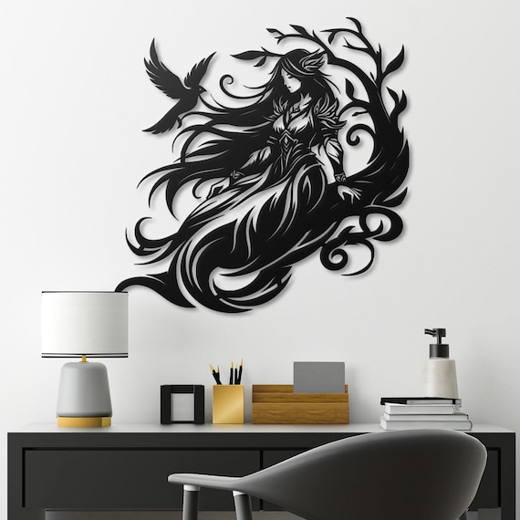 Woman with Raven Metal Wall Art | Fantasy Decor | Unique Gothic Home Art | Metal Silhouette Art | Enchanting Wall Decor