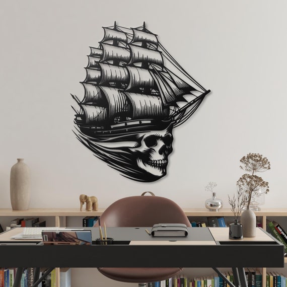 Pirate Ship Skull Metal Wall Art | Nautical Home Decor | Gothic Metal Art for Living Room