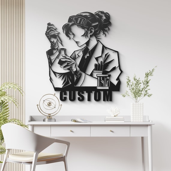 Female Scientist Metal Wall Art: Custom Lab Researcher Figure for Modern Educational Decor