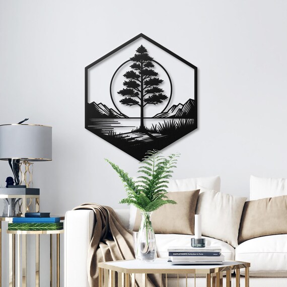 Modern Geometric Mountain and Tree Metal Wall Art | Nature-Inspired Metal Decor | Hexagon Wall Hanging for Home, Office & Living Room