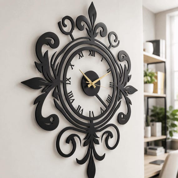 Fleur-de-Lis Metal Wall Clock: Vintage Roman Numerals, Elegant Wall Decor