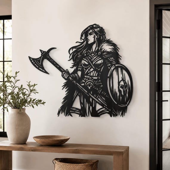 Viking Warrior Woman Metal Wall Art - Rustic Nordic Decor - Norse Valkyrie Home Accent