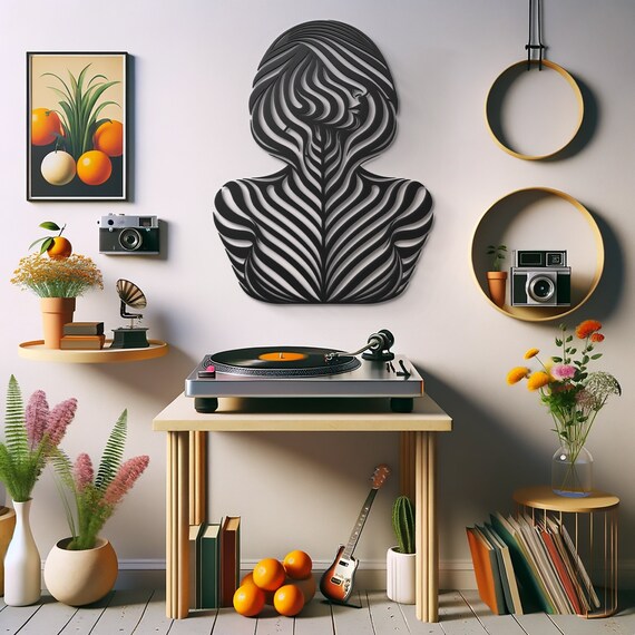 Optical Elegance Metal Wall Art Striped Illusion Female Form Decor Modern Aesthetic Artwork Sophisticated Living Room Display