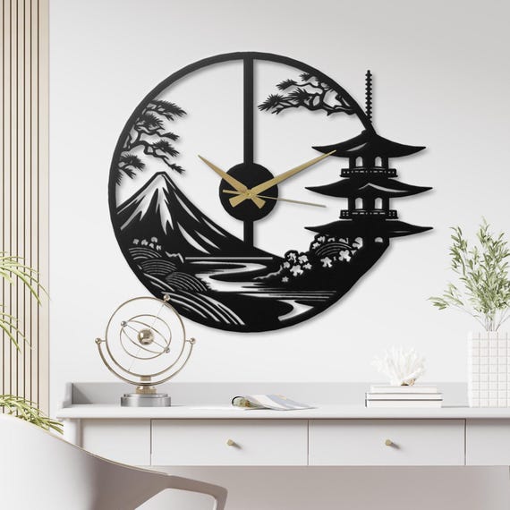 Japanese Landscape Metal Wall Clock - Zen Wall Decor
