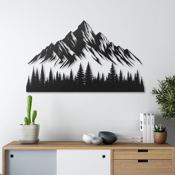 Mountain Forest Metal Wall Art: Rustic Pine Tree Silhouette