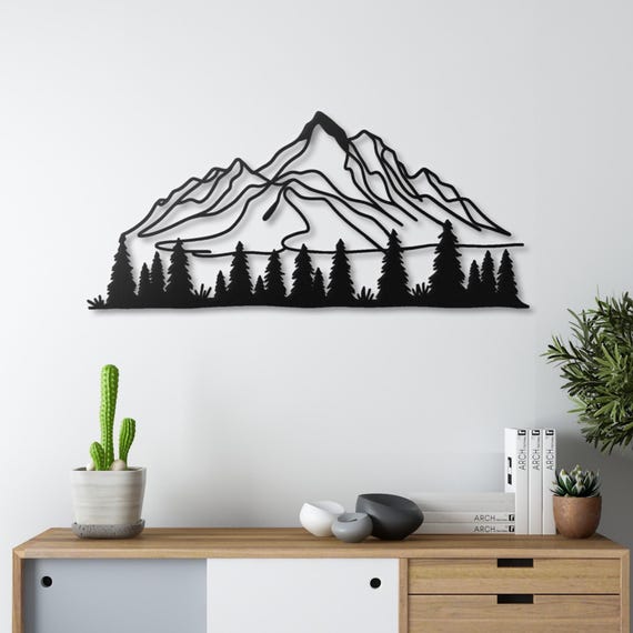 Metal Mountain Range Wall Art: Pine Tree Forest Metal Mountain Wall Decor