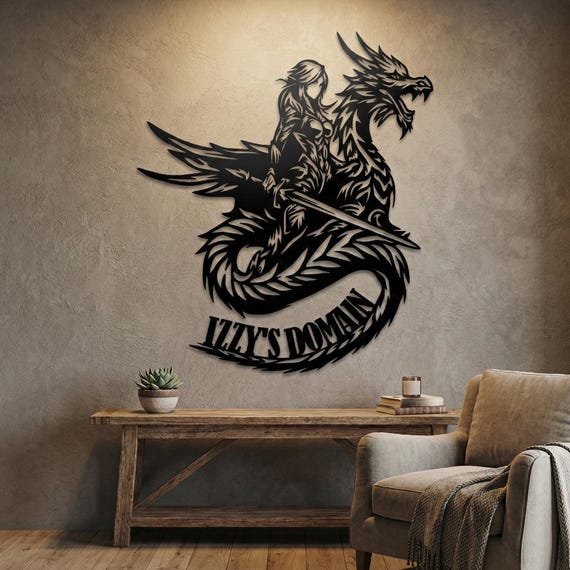 Personalized Female Knight Riding Dragon Metal Wall Art | Fantasy Home Wall Decor