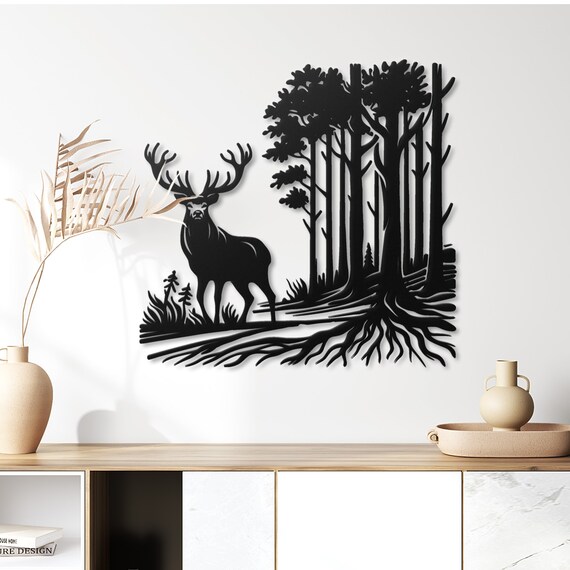Majestic Deer in Forest Metal Wall Art - Nature-Inspired Home Decor - Modern Wildlife Art