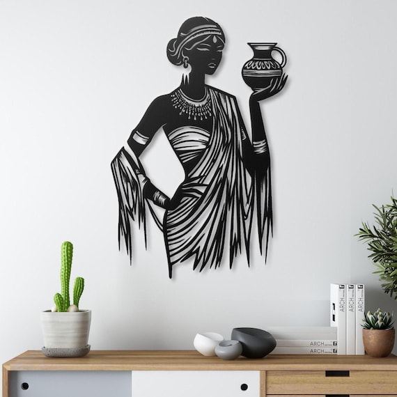 Elegant African Woman Metal Wall Art – Graceful Lady with Water Jug, Tribal Decor, Ethnic Wall Hanging, Modern Bohemian Art for Home