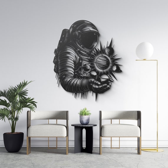 Celestial Astronaut Metal Wall Hanging - Sun and Planets on Palm - Astral Home Decor