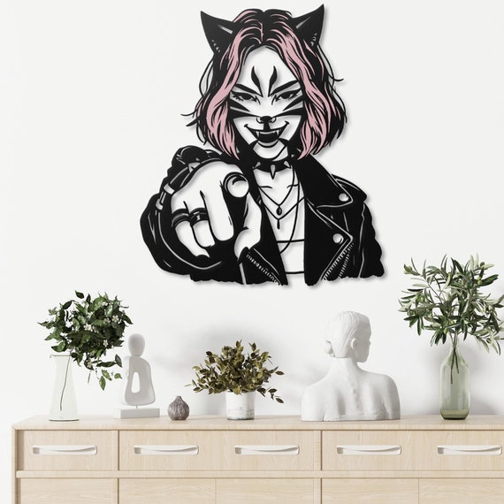 Cat Punk Metal Wall Art | Edgy Cat Girl Wall Decor | Unique Feline Punk Metal Wall Hanging | Rebel Cat Themed Art for Cool Spaces |