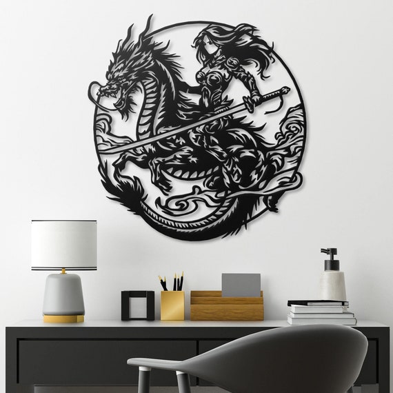 Female Warrior and Dragon Metal Wall Art - Epic Fantasy Decor, Strong Woman and Dragon, Unique Wall Accent, Modern Gothic Art