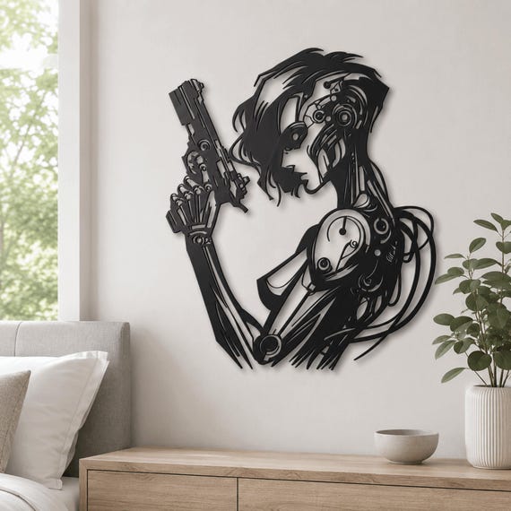 Female Cyborg Metal Wall Art - Futuristic Female Assassin with Gun - Sci-Fi Industrial Decor