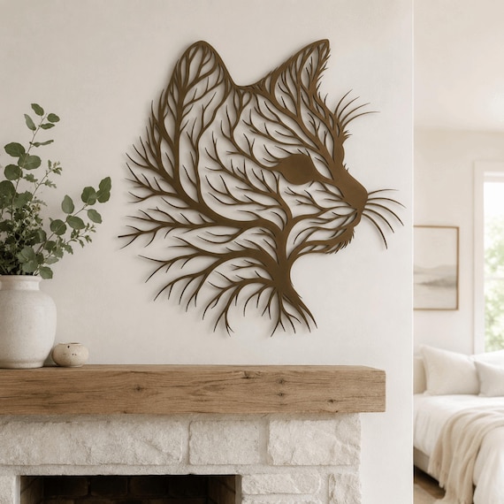 Metal Cat Wall Art – Nature Inspired Tree Silhouette Decor