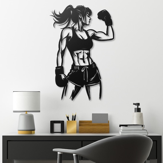 Female Boxer Metal Wall Art – Boxing Motivational Wall Decor, Strong Woman Home Gym Decor, Modern Metal Art Gift for Athletes