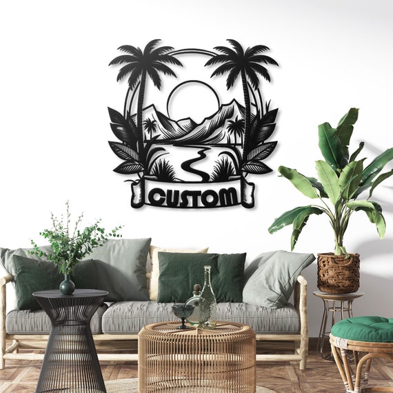 Metal Wall Art Tropical Beach Decor Palm Tree Mountain Scene Custom Name Sign Home Decoration Personalized Metal Wall Hanging Beach House
