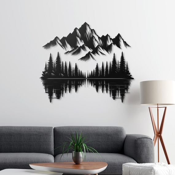 Mountain and Forest Reflection Metal Wall Art - Nature-Inspired Metal Decor for Home and Office - Unique Wall Hanging