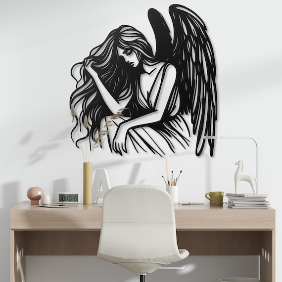Elegant Winged Woman Metal Wall Art - Graceful Winged Silhouette - Serene Metal Decor
