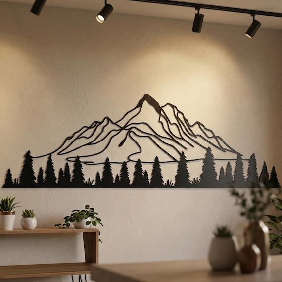 Metal Mountain and Pine Tree Wall Art: Nature Wall Decor
