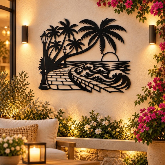 Palm Tree Metal Wall Art, Seaside Walkway and Ocean Waves, Tropical Beach House Decor