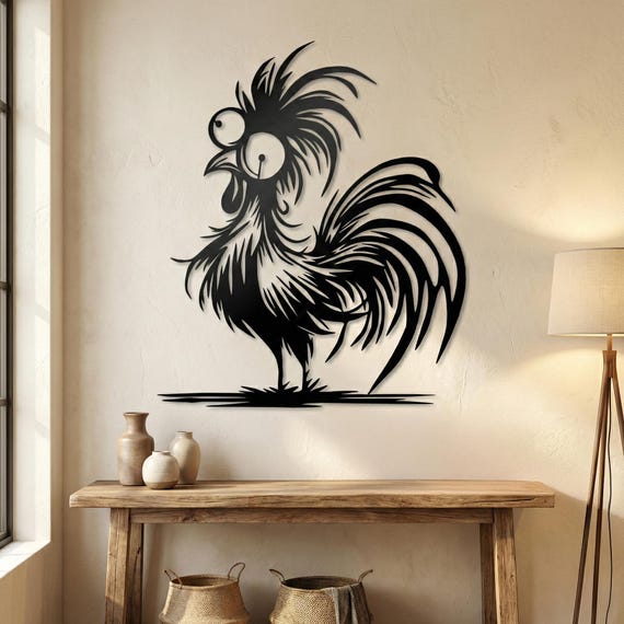 Quirky Rooster Metal Wall Art: Modern Farmhouse Chicken Silhouette