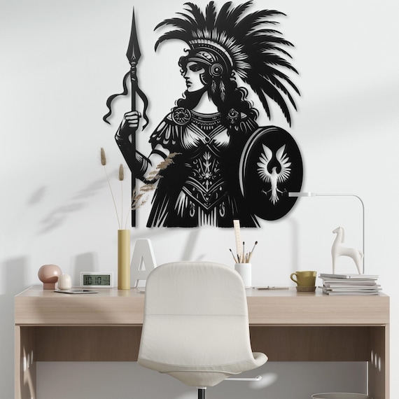 Metal Female Roman Soldier Wall Art - Intricate Metal Wall Decor - Warrior Woman with Shield & Spear