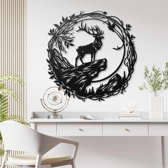 Deer Mountain Metal Wall Art - Rustic Elk and Nature Scene, Modern Home Decor