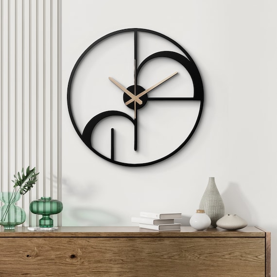 Minimalist Geometric Metal Wall Clock | Contemporary Black and White Wall Clock | Modern Abstract Design Timepiece | Elegant Metal Art Clock