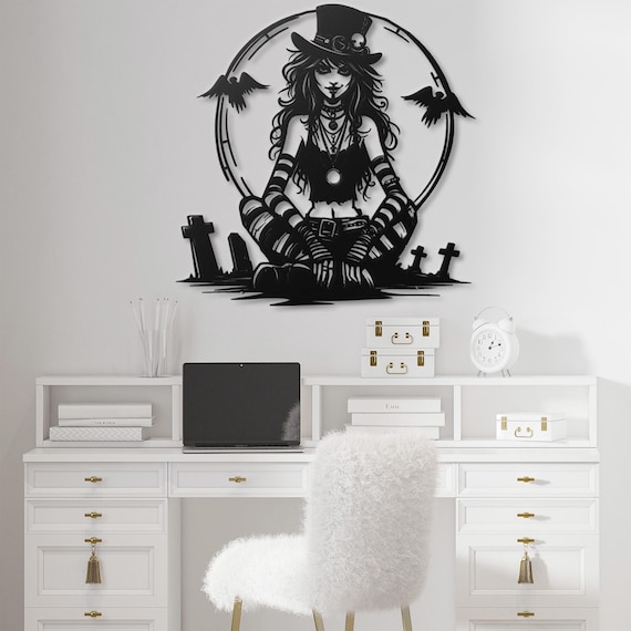 Top Hat Witch Metal Wall Art - Boho, Dark Aesthetic, Halloween Home Decor, Witchy Wall Hanging, Gothic Girl with Ravens, Cemetery Art