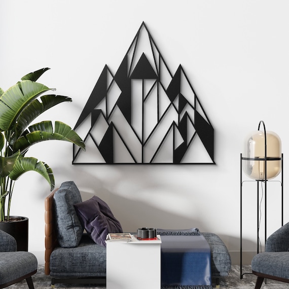 Geometric Mountain Metal Wall Art, Modern Home Decor, Abstract Nature Inspired Hanging, Minimalist Black Line Artwork
