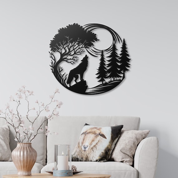Howling Wolf Under Moonlight Metal Wall Art | Forest Silhouette Home Decor |  Nature-Inspired Art | Gift for Nature Lovers