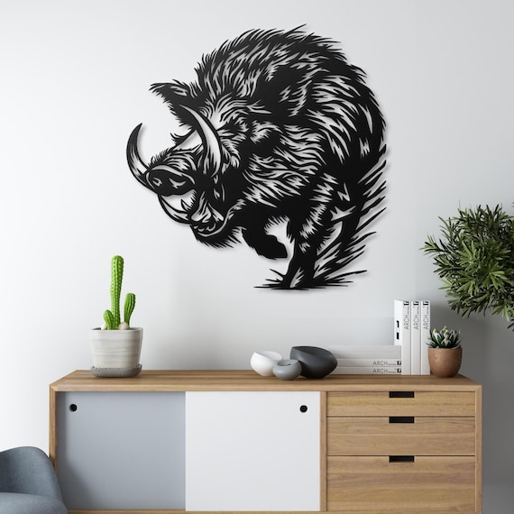 Wild Boar Metal Wall Art - Charging Boar Silhouette - Rustic Black and White Home Decor