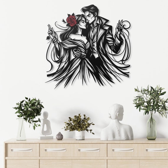Dancing Couple Metal Wall Art | Romantic Wall Décor with Red Accents | Handmade Metal Art for Living Room | Perfect Wedding Anniversary Gift