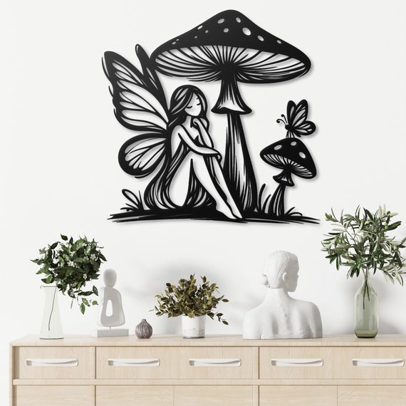 Fairy and Mushroom Metal Wall Art - Magical Woodland Decor, Nature-Inspired Fantasy Wall Hanging