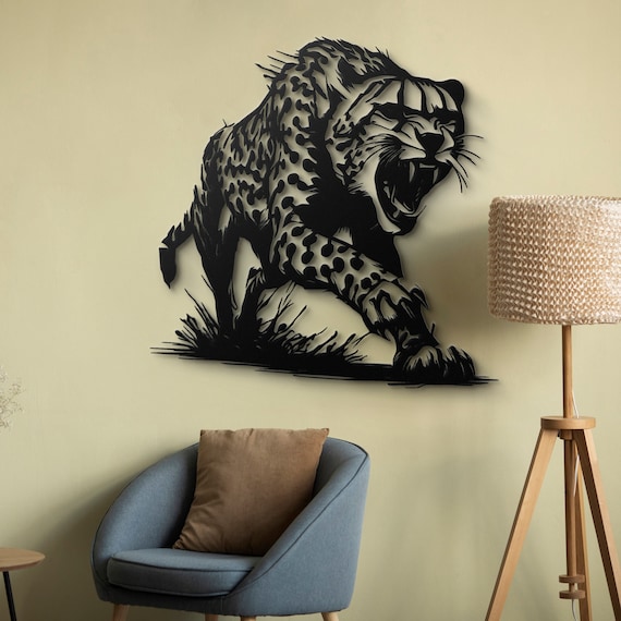 Cheetah Metal Wall Art - Roaring Cheetah Silhouette - Modern Home Decor - Perfect for Living Room, Study, or Office