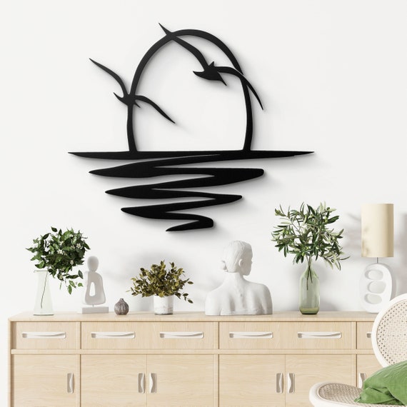 Elegant Metal Wall Art of Sun Setting Over Sea with Silhouetted Birds – Minimalist Home Decor