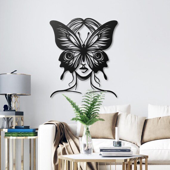 Elegant Butterfly Woman Metal Wall Art - Unique Abstract Face Art Decor for Modern Home, Living Room, Bedroom - Perfect Gift for Art Lovers