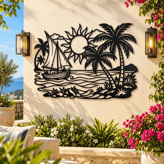 Tropical Sailboat Metal Wall Art, Palm Tree Coastal Decor for Beach House
