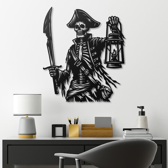 Skeleton Pirate Metal Wall Art | Gothic Nautical Decor | Spooky Halloween Pirate Skeleton | Lantern & Sword Pirate Skull