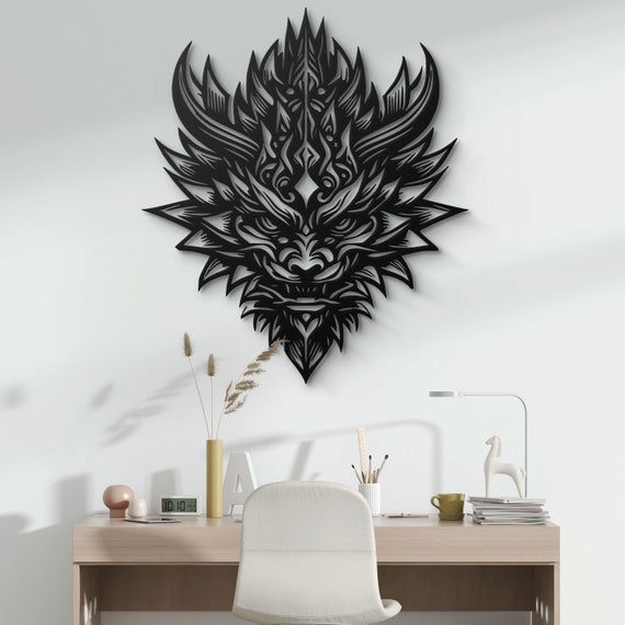 Fierce Tribal Dragon Face Metal Wall Art - Gothic Dragon Decor, Asian Mythical Art, Unique Tribal Wall Sculpture for Home and Office Decor