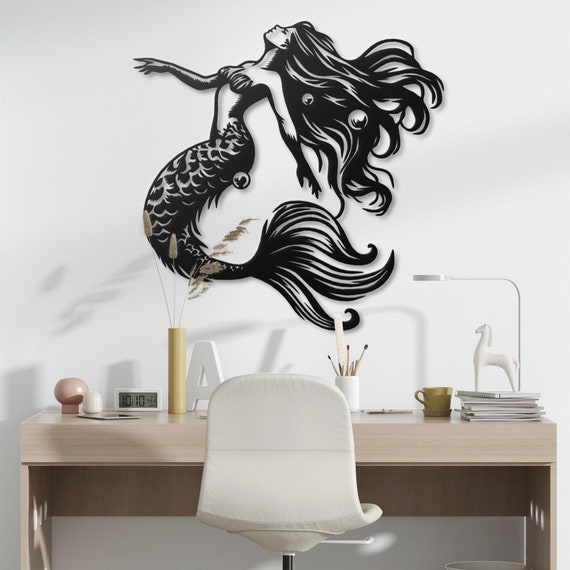 Metal Mermaid Wall Art Decor, Fantasy Ocean Themed Metal Sculpture, Coastal Wall Hanging, Unique Sea Life Art, Nautical Home Decor Gift
