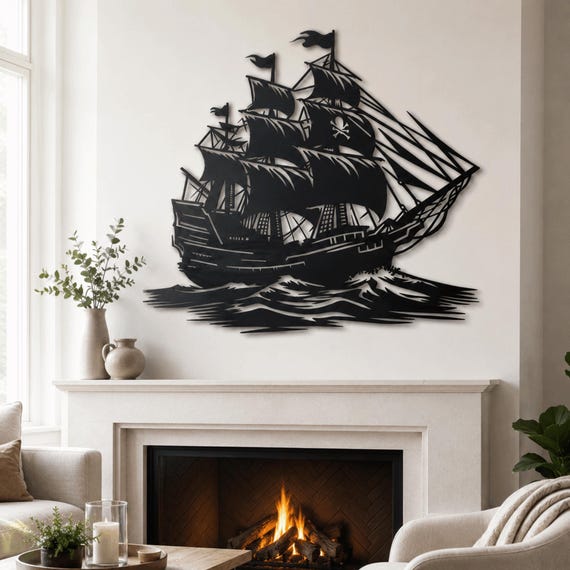 Pirate Ship Metal Wall Art Jolly Roger Nautical Decor